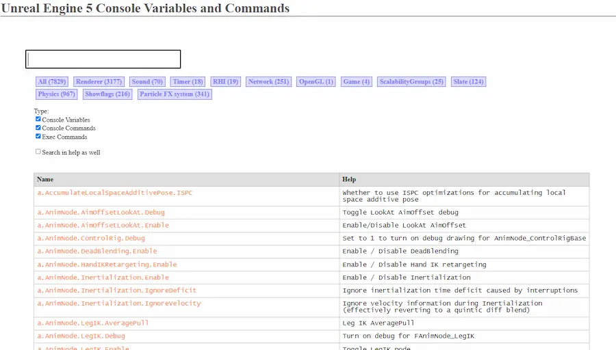 Console Variables and Commands のヘルプ